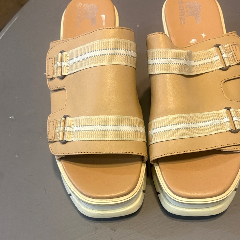 SOREL Tan Slide Sandals with Buckle Detail